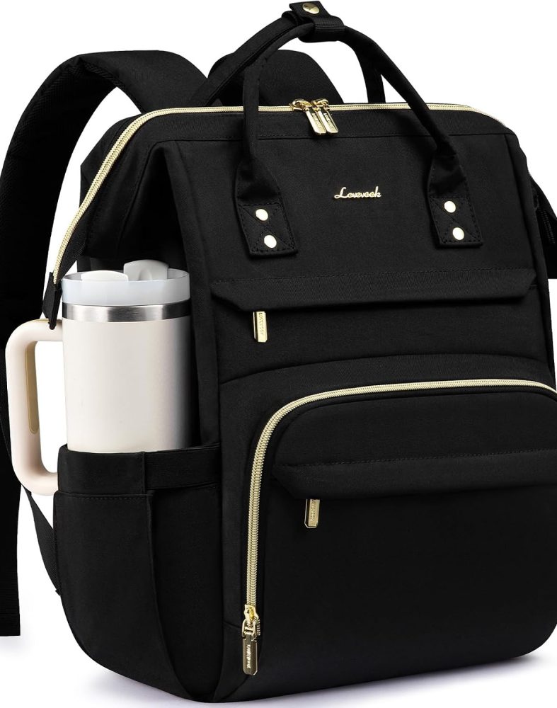 LOVEVOOK Laptop Backpack for Women with Giant Tumbler Holder Pocket,15.6 inch Waterproof Travel Backpack Purse Computer Laptop Bag,Professional Work College Nurse Teacher Backpack Casual Daypack,Black