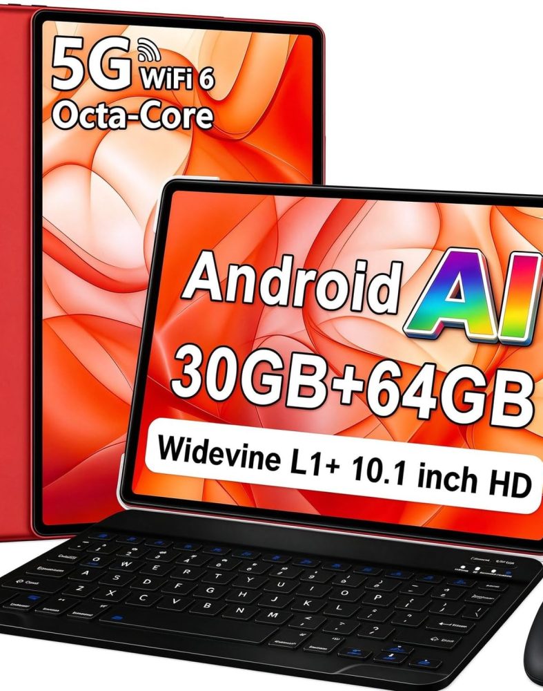 Android Tablet with Keyboard 30GB+64GB+1TB, Tablet 10 Inch Octa-Core Electronics Tablets, Gemini AI, 6000mAh, HD IPS Display, 5G WiFi, Widevine L1, Split Screen - Red