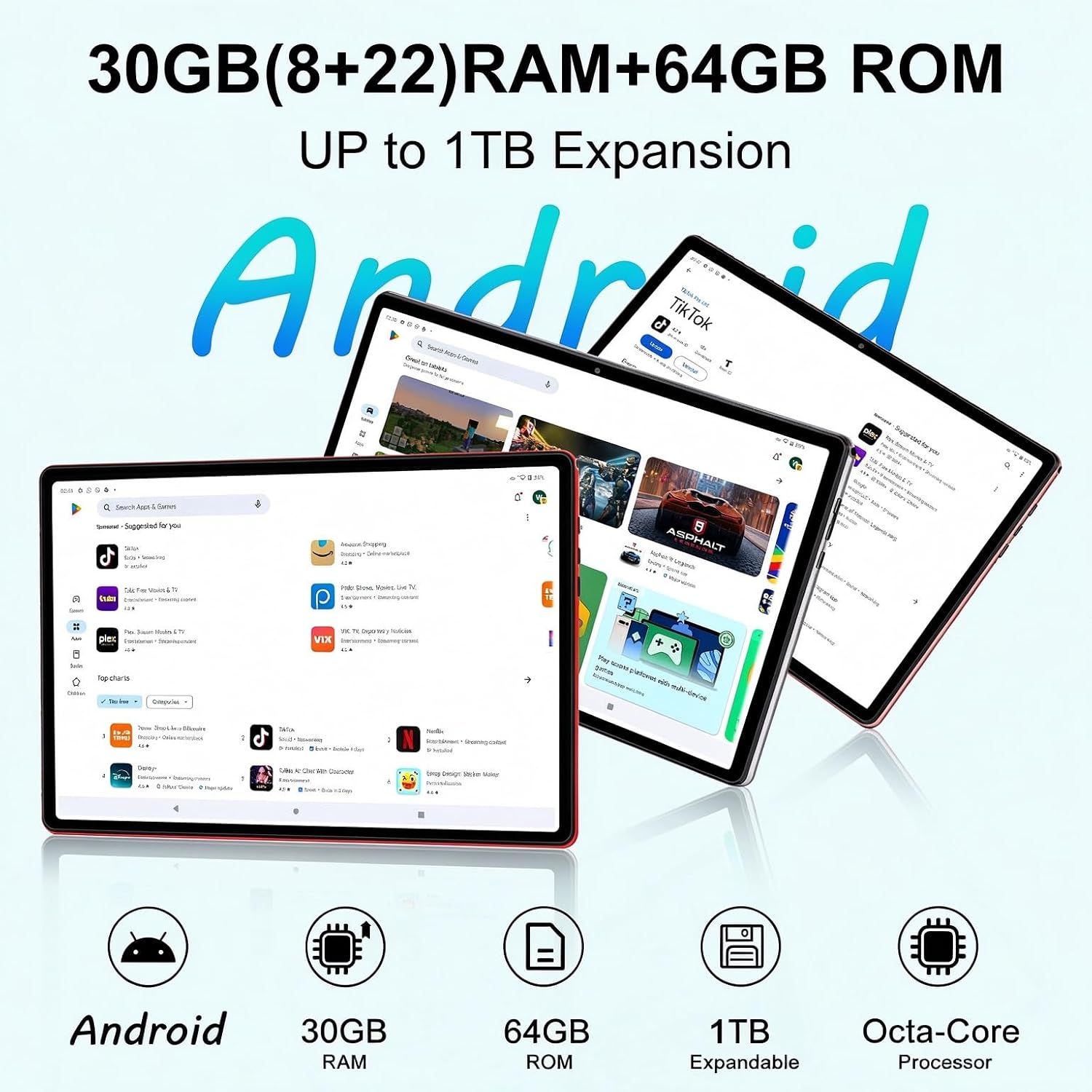 Android Tablet with Keyboard 30GB+64GB+1TB, Tablet 10 Inch Octa-Core Electronics Tablets, Gemini AI, 6000mAh, HD IPS Display, 5G WiFi, Widevine L1, Split Screen - Red - Image 2