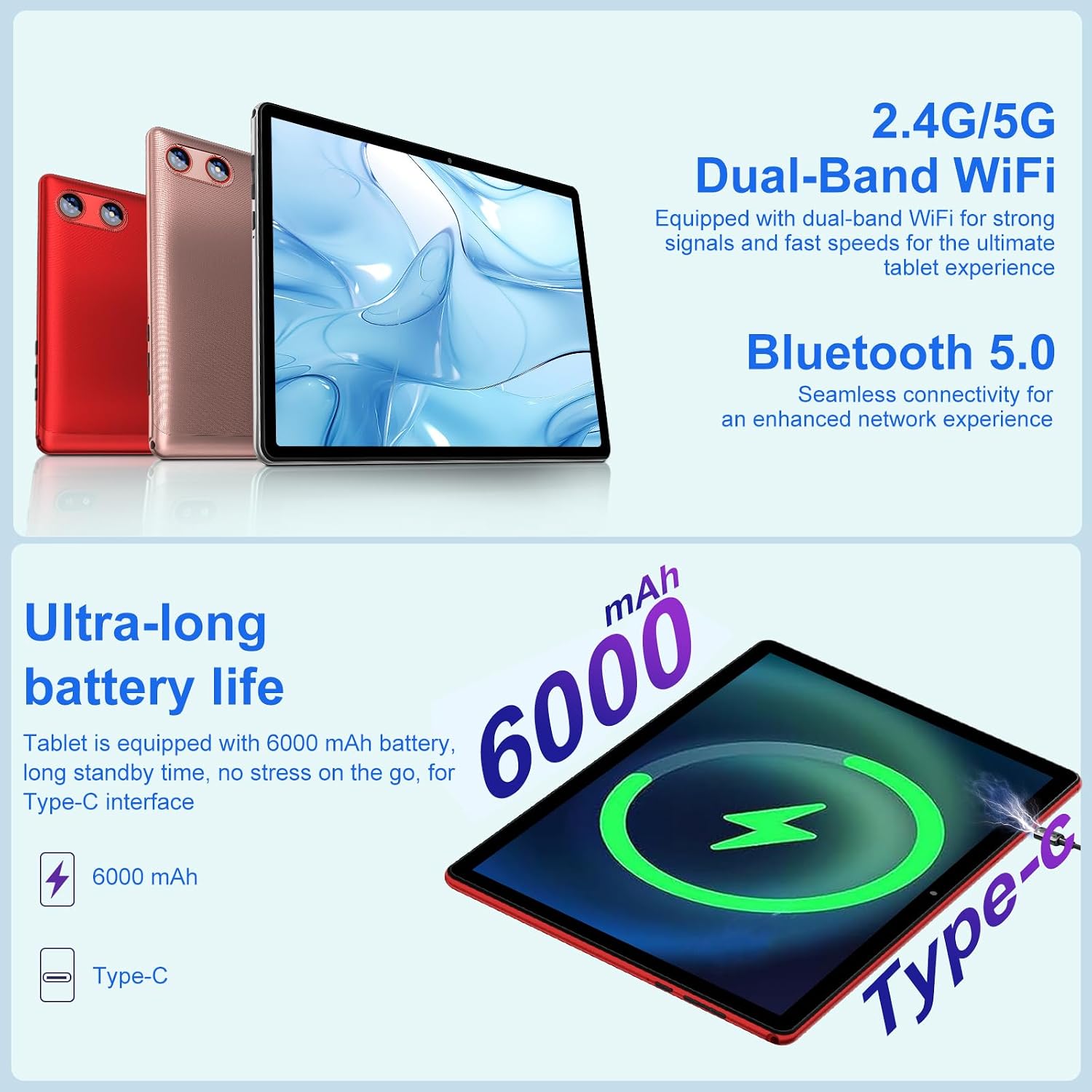 Android Tablet with Keyboard 30GB+64GB+1TB, Tablet 10 Inch Octa-Core Electronics Tablets, Gemini AI, 6000mAh, HD IPS Display, 5G WiFi, Widevine L1, Split Screen - Red - Image 3