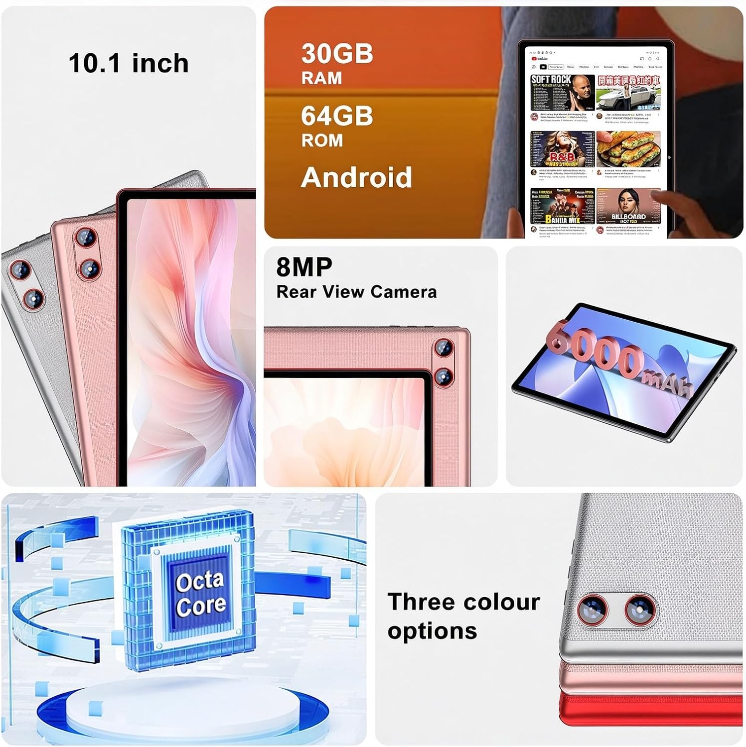 Android Tablet with Keyboard 30GB+64GB+1TB, Tablet 10 Inch Octa-Core Electronics Tablets, Gemini AI, 6000mAh, HD IPS Display, 5G WiFi, Widevine L1, Split Screen - Red - Image 5